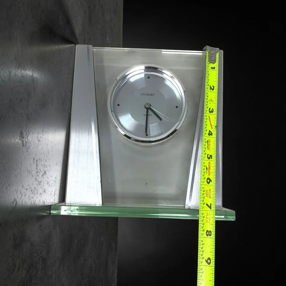 Vintage Y2K Danbury Mint Art Deco Clock Glass Brushed Silver Tone Mantel Shelf